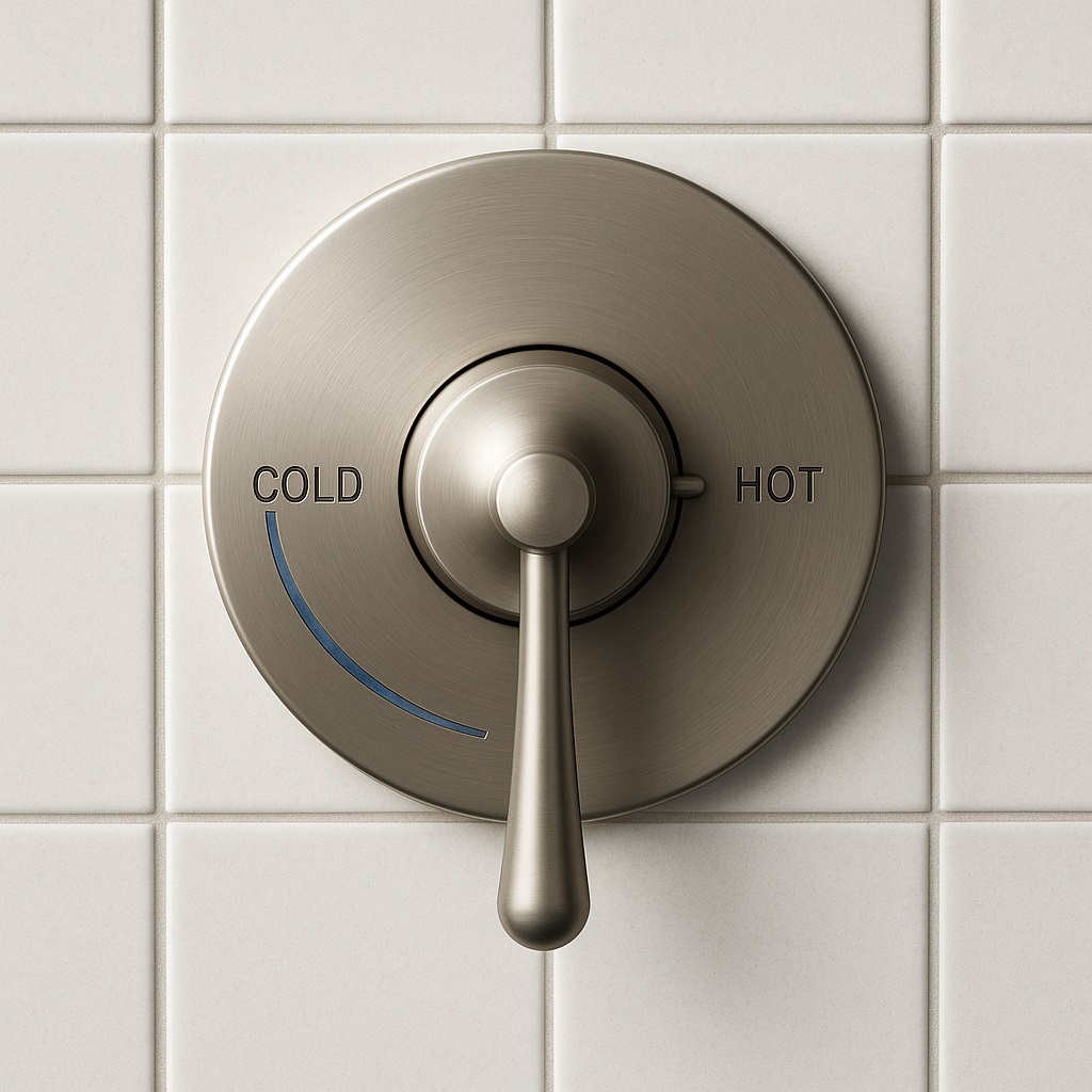 Close-up of an architect-grade thermostatic shower valve trim with lever handle suitable for ADA operation